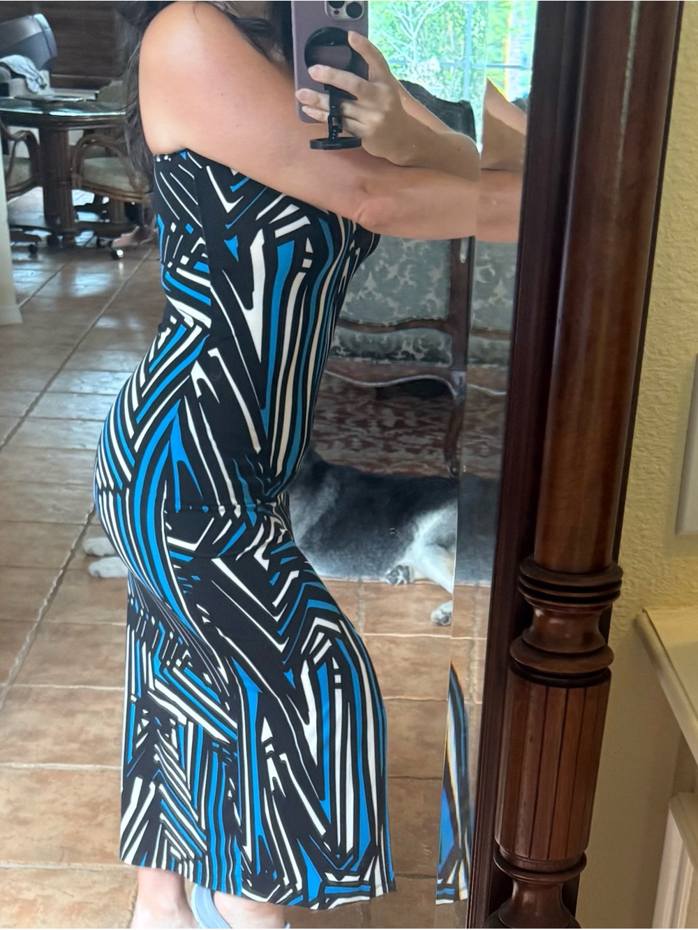 love...ady Blue, Black and White Geometric Midi Bodycon Dress